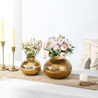 Gold Glass Vases for Tulips, Set of 2, Flower Vases for Bouquet, Ribbed Glass Vase for Flowers, Short Vase for Living Room, Office, Coffee Table, Shelf, Wedding