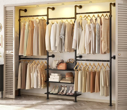 Aheaplus Expandable Industrial Pipe Clothing Rack, 7.3-10.9Ft Wall Mounted Closet System, Reversible L Shaped Clothes Rack for Hanging Clothes, Heavy Duty Corner Closet Wardrobe Garment Rack, Black