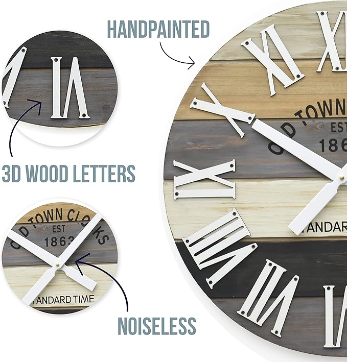 18" Wooden Multi-Color Maritime Coastal Beach Large Roman Wall Clock (Grey, 18 inch)