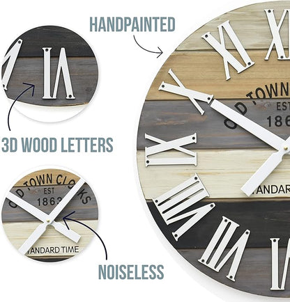 18" Wooden Multi-Color Maritime Coastal Beach Large Roman Wall Clock (Grey, 18 inch)