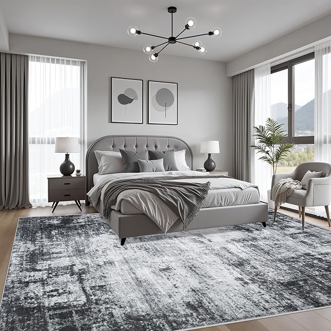 4x4 Area Rug Living Room Rug: Washable Modern Abstract Soft Thin Rug Indoor Floor No Slip Stain Resistant Carpet for Bedroom Dining Room Farmhouse Nursery Home Office - Dark Black