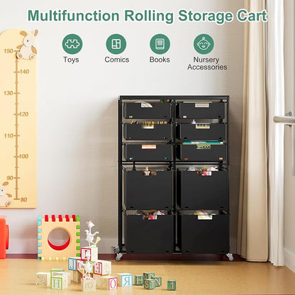EasyPAG Rolling Storage Cart With 10 Drawers, Metal Craft Organizers And Storage Cart With Wood Tabletop, 30 Lbs Capacity Per Drawer For Home Office Classroom And Dorm, Black