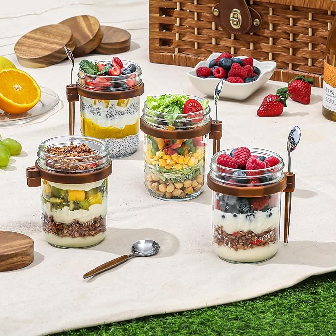 4 Pack Overnight Oats Containers with Wooden Lids and Spoons, 16oz Glass Mason Overnight Oats Jars with Lids, Large Capacity Airtight Jars for Milk, Cereal, Fruit
