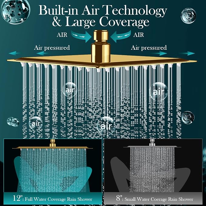 12'' Gold Rain Shower Head, High Pressure Rainfall Shower Head with 16 inch Adjustable Extension Arm，Flexible Adjust Height and Angle, 5 Setting Spray Handheld Shower Head, Anti-leak