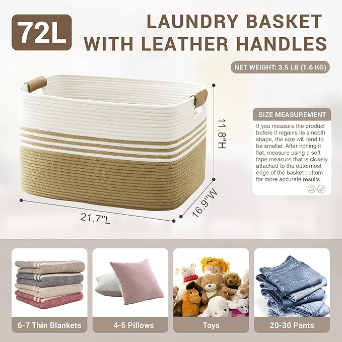 SunNewt 72L Large Laundry Basket with Leather Handles for Living Room Storage, Woven Rope Baskets Bin for Blanket, Kids Toy, Gifts, Wicker Hamper for Bedroom Dirty Clothes, 22"x17"x12" Khaki