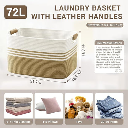 SunNewt 72L Large Laundry Basket with Leather Handles for Living Room Storage, Woven Rope Baskets Bin for Blanket, Kids Toy, Gifts, Wicker Hamper for Bedroom Dirty Clothes, 22"x17"x12" Khaki