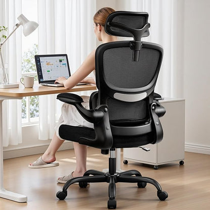 High Back Ergonomic Office Chair, Breathable Mesh Desk Chair with Lumbar Support, Adjustable Headrest, Flip-up Armrests, Computer Gaming Chair, (Black, 1Pack)