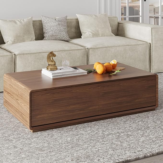 POVISON Mid Century Coffee Table with 4 Drawers,51” Rectangle Wood Coffee Table for Living Room, Fully Assembled, Walnut