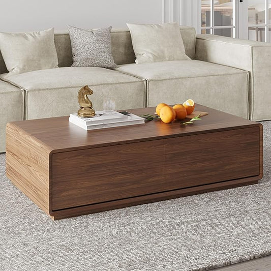 POVISON Mid Century Coffee Table with 4 Drawers,51” Rectangle Wood Coffee Table for Living Room, Fully Assembled, Walnut