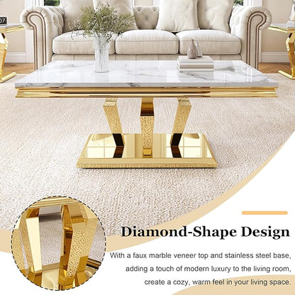 Modern Marble Coffee Table, 47" Living Room Table with Diamond-Shape Stainless Steel Base and Thickened Faux Marble Top for Living Room, Bedroom, Lounge (Gold,White)