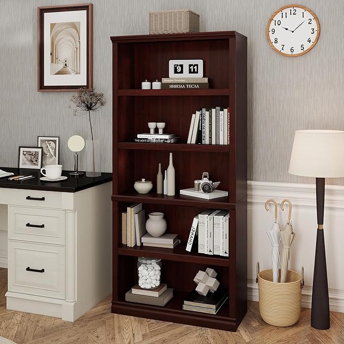 Bookshelf, Open Storage 70 Inch Tall 5 Shelf Bookcase, Floor Standing Bookshelves and Bookcases, Book case for Farmhouse Library Office Bedroom Kids, Mahogany - 5 Tier