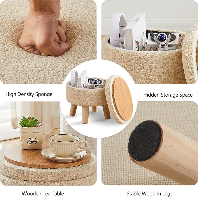 Wimarsbon Storage Ottoman, Modern Round Footrest with Soft Padded Seat, Teddy Velvet Footstool with Wood Legs, Accent Small Table or Plant Stand for Hallway, Living Room (Off-White)