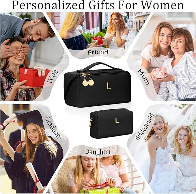Valentines Day Gifts for Women Teen Girl, Personalized Initial Makeup Organizer Bag Set, Open Flat Travel Cosmetic Bag With Clear Divider and Handle(Black,L)