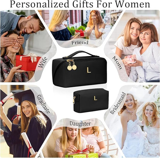 Valentines Day Gifts for Women Teen Girl, Personalized Initial Makeup Organizer Bag Set, Open Flat Travel Cosmetic Bag With Clear Divider and Handle(Black,L)