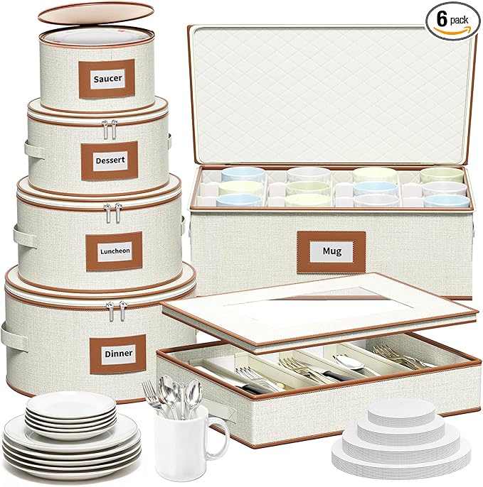 Aokeyee 6-Piece China Storage Containers Set, Hard Shell Moving Boxes for Dishes, Plates, Mugs & Flatware – Dinnerware Organizer with Soft Felt Dividers, Sturdy Handles & Zippers, Ivory