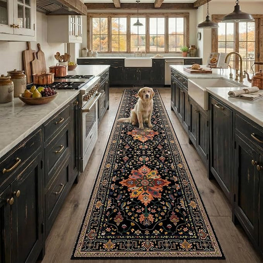 RELEANY Area Rugs Runner 2'x10' Washable Non-Slip, Floral Vintage Distress Medallion Carpet for Kitchen Hallway Bedroom Beside Laundry Room Bathroom, Black Colorful Floral Dark Tan