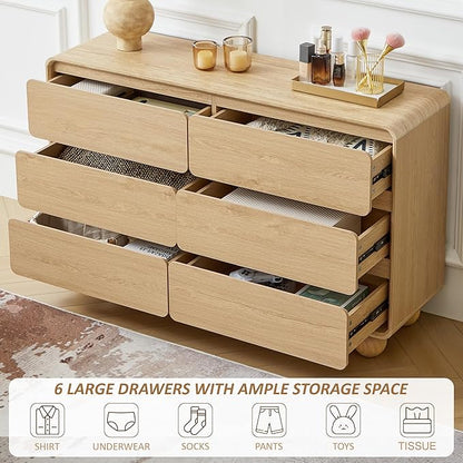 AVZEAR Modern 6 Drawer Dresser for Bedroom, 48" Wide Wooden Dresser Chest of Drawers, Curved Profile Design, Closet Clothes Storage Organizer for Kids Bedroom, Living Room, Nursery, Natural Color