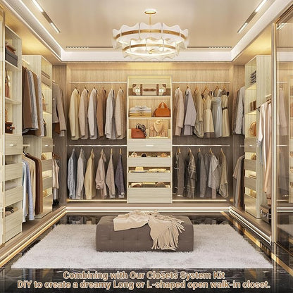 Aheaplus Closet System, 4-9Ft Closet Organizer with 4 Wooden Drawers, Wood Closet Organizer System with Tower, Walk-in Closet Organizer Wardrobe Garment Clothes Rack with 4 Hanging Rods, 2White Oak