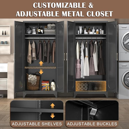 SteeLoong 71" Metal Armoire Wardrobe Closet with Doors,Tall Clothing Storage Cabinet with Adjustable Shelves and Hanging Rod,Black Wardrobe Closet for Bedroom,Home,Office,Gym