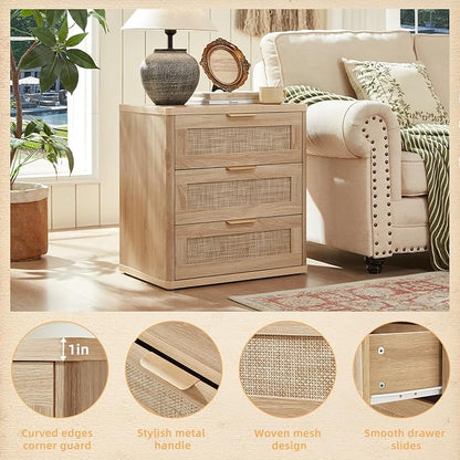 LEYAOYAO Rattan Night Stand Set of 2 with Drawers, 23" Large 3 Drawer Boho Nightstand, Natural Wood Bedside Table Storage Cabinet, Bed Side End Tables Dresser for Bedroom, Living Room, Hallway, Closet
