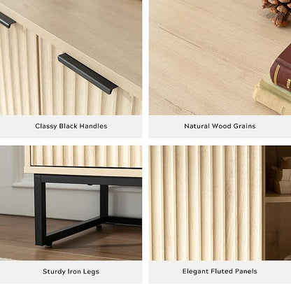 Fluted Storage Cabinet with 3 Doors, Sideboard Buffet Cabinets Adjustable Shelves, Credenza Console Table Cabinets for Living Room, Light Oak