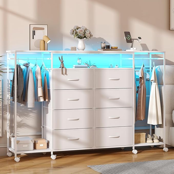 59.1" W Dresser for Bedroom with Hanging Rack, 8 Drawer Dresser with LED Lights & Charging Station, Fabric Dressers with Portable Wheels,Metal Frame, Wooden Top (White)