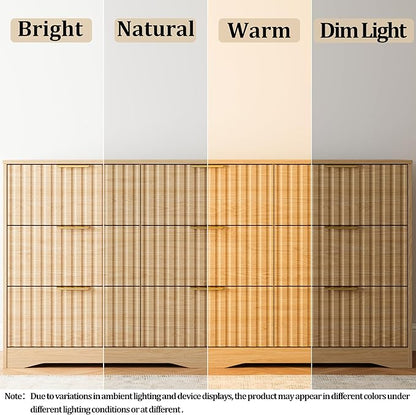 Fluted 9 Drawers Dresser for Bedroom, 63" Wide Wood Dressers Chest of Drawers with Metal Handle, Long Mid Century Modern Dresser TV Stand Storage Organizer for Living Room, Natural Oak