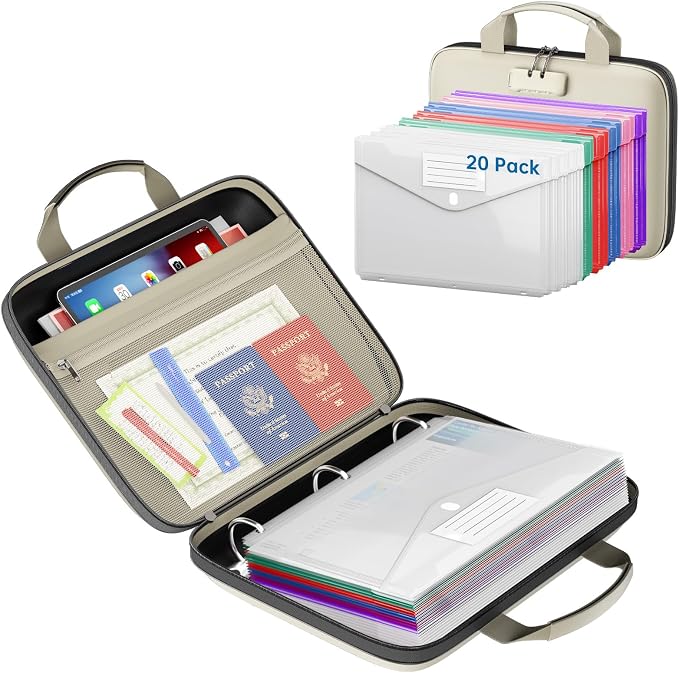 Binder Folders Organizer with 20 Pack Heavyweight Plastic Pockets,Fireproof File Folder Box with Lock,Zipper Binder Bag for Important Documents,Letter Size,Beige