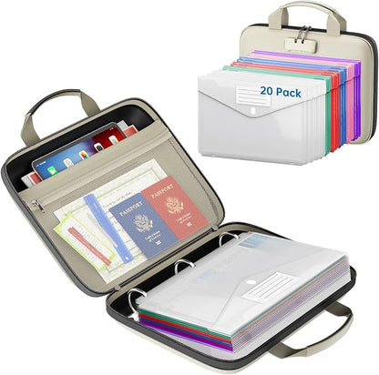 Binder Folders Organizer with 20 Pack Heavyweight Plastic Pockets,Fireproof File Folder Box with Lock,Zipper Binder Bag for Important Documents,Letter Size,Beige