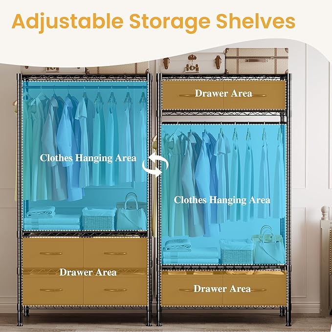 Heavy Duty Clothes Rack With 4 Fabric Drawers and Adjustable Shelves, Freestanding Clothing Rack with Hanging Rod for Hanging Clothes, 71.5" H x 35.2" W x 15.4" D