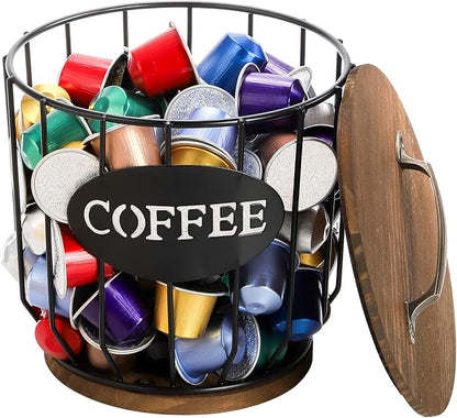 yarlung Coffee Pod Holder with Lid, Large Capacity K Cup Holder with Rustic Wooden Base, Black Wire Coffee Storage Basket for Kitchen Countertop, Cafe Bar Organizer