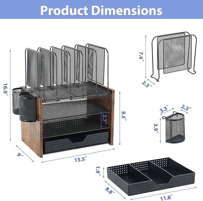 AUPSEN Desk Organizer Shelf, 4-Tier Mesh Wood Desktop Bookshelf File Organizer with 5 Vertical File Holders, Storage Drawer & 2 Pen Holders, Office Supplies Storage for Workspace Organizers