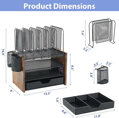 AUPSEN Desk Organizer Shelf, 4-Tier Mesh Wood Desktop Bookshelf File Organizer with 5 Vertical File Holders, Storage Drawer & 2 Pen Holders, Office Supplies Storage for Workspace Organizers