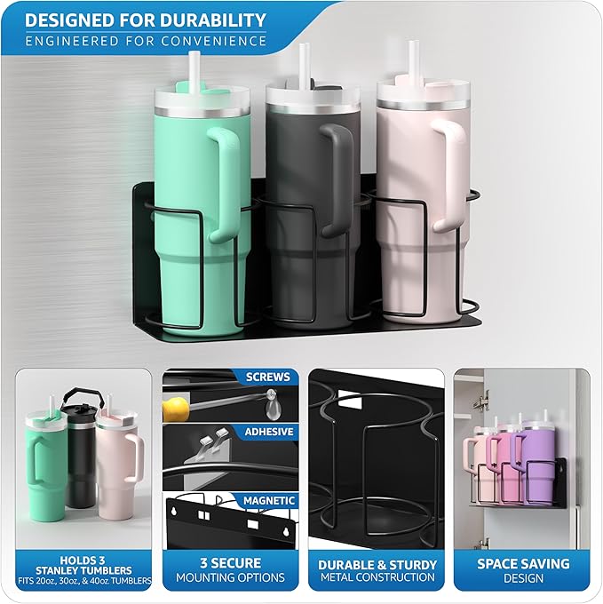 Sorbus Stanley Cup Organizer – 3-Cup Holder for Cabinet, Fridge, or Wall – Magnetic or Screw Mount – Stanley Storage Organizer for 20oz 30oz 40oz Cups, Tumblers, and Water Bottles (Black 1-Pack)