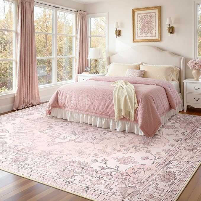 RELEANY Area Rugs Large 9'x12' Washable Non-Slip, Floral Vintage Distress Medallion Carpet for Living Room Bedroom Dining Room, Pink Greypink Cute
