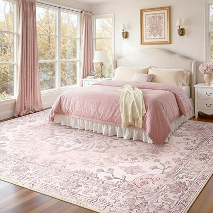 RELEANY Area Rugs Large 9'x12' Washable Non-Slip, Floral Vintage Distress Medallion Carpet for Living Room Bedroom Dining Room, Pink Greypink Cute
