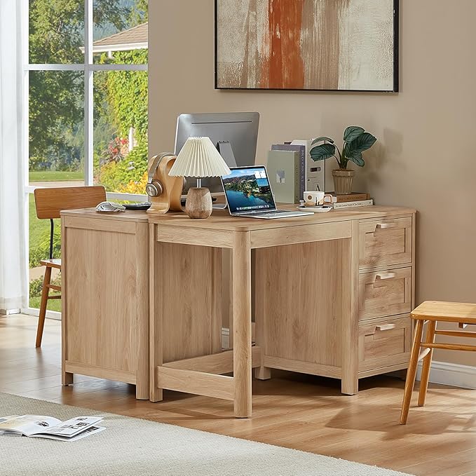48'' Farmhouse Executive Desk with Storage, Wooden Home Office Desk with Drawer and Vintage Handle, Large Computer Writing Desk for Study, Bedroom, Living Room （Natural）