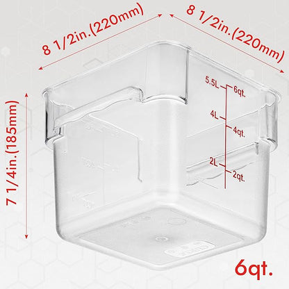 CURTA 4 Pack Food Storage Container with Red Lid - NSF Commercial Grade in 6.0 Qt - Square, Clear, Polycarbonate