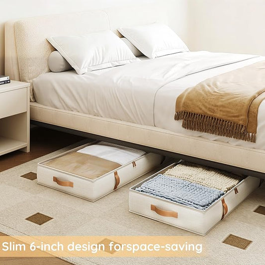 Vailando Under Bed Storage Containers, 6 Inches Tall 60L Underbed Storage Bins with Leather Handles and Sidewalls, Closet Organizer for Clothes, Blankets, Seasonal Items, Beige with Brown, 2-Pack