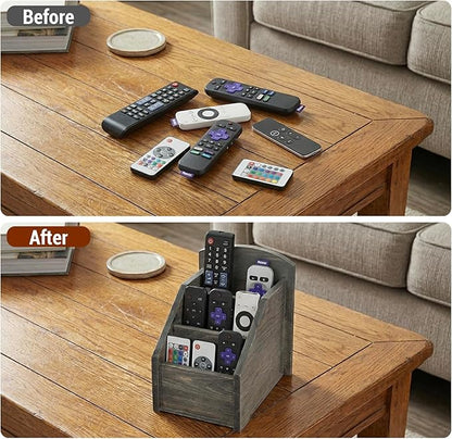MyGift Rustic Dark Gray Wood Remote Control Holder Organizer Caddy with 3 Compartments, TV & Media Remote Storage Box for Living Room