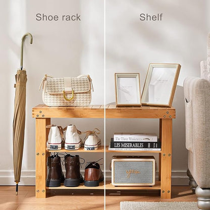 Pipishell 3 Tier Bamboo Shoe Rack Bench - Sturdy Shoe Organizer Holds up to 300lbs for Entryway, Bedroom, Living Room, Balcony
