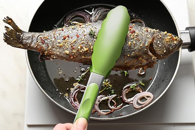 2 Pack Silicone Kitchen Tongs – 9" & 12" Set, Heat Resistant up to 500°F, Non‑Stick Cookware Safe, Wavy Silicone Tips, BPA Free, Locking Clip & Hanging Loop, Light Green