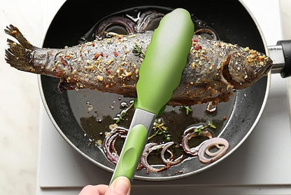 2 Pack Silicone Kitchen Tongs – 9" & 12" Set, Heat Resistant up to 500°F, Non‑Stick Cookware Safe, Wavy Silicone Tips, BPA Free, Locking Clip & Hanging Loop, Light Green