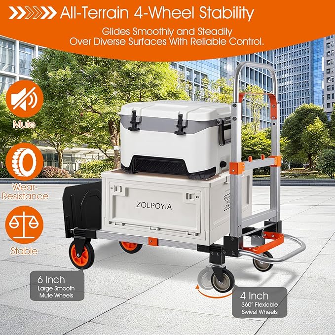 Zolpoyia 3 in 1 Folding Hand Truck Dolly Cart with Wheels, 660lbs Capacity Foldable Utility Cart Aluminum Trolley Cart Convertible Dolly for Moving Furniture Shopping for Garden Home Office Warehouse