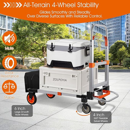 Zolpoyia 3 in 1 Folding Hand Truck Dolly Cart with Wheels, 660lbs Capacity Foldable Utility Cart Aluminum Trolley Cart Convertible Dolly for Moving Furniture Shopping for Garden Home Office Warehouse