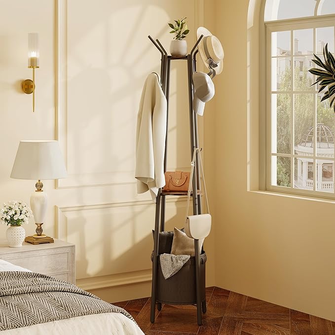 Homeiju Coat Rack Freestanding with Storage Basket & 12 Hooks, Heavy Duty Hall Tree for Entryway, Standing Coat Rack with Shelf for Hallway, Bedroom, Office Organization