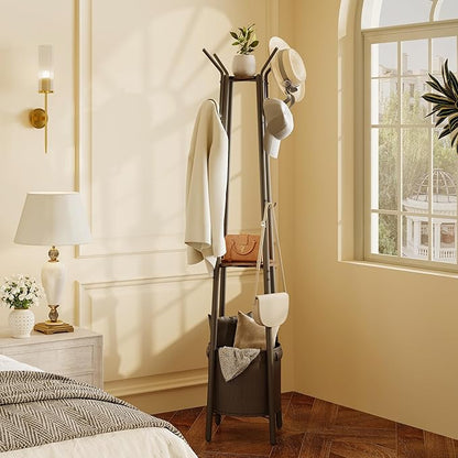 Homeiju Coat Rack Freestanding with Storage Basket & 12 Hooks, Heavy Duty Hall Tree for Entryway, Standing Coat Rack with Shelf for Hallway, Bedroom, Office Organization