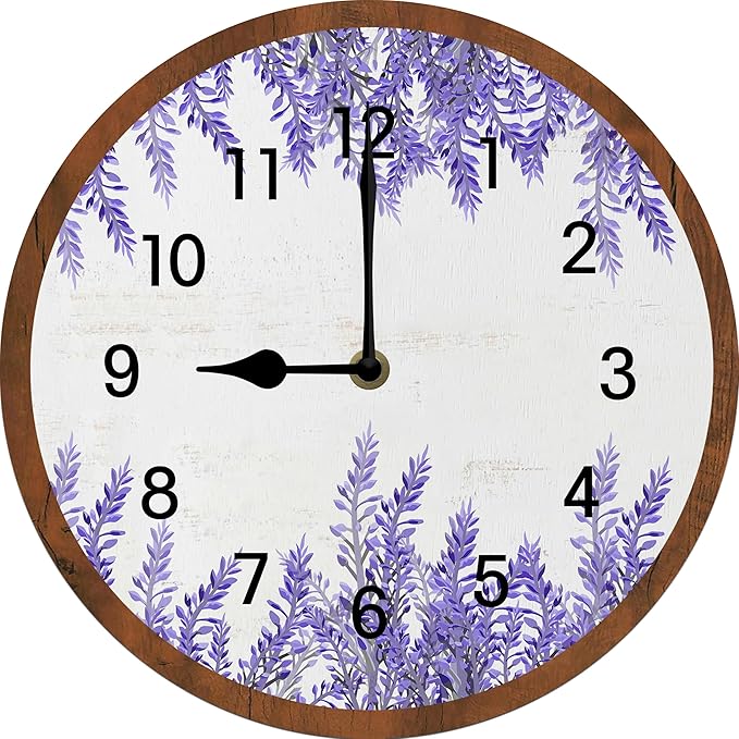 Lavender Wall Clock 10 Inch Silent Non Ticking Battery Operated Wooden Modern Office Simple Minimalist Clock Decorative for Kitchen Home Bathroom Living Room