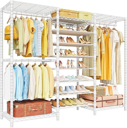 E16 Heavy Duty Clothing Rack（With 7-Tier Adjustable Shoe Rack） Freestanding Clothes Rack for Hanging Clothes，Metal Closet Storage Organizer Large Wardrobe，69'' W x 15.8'' D x 76.2'' H，White