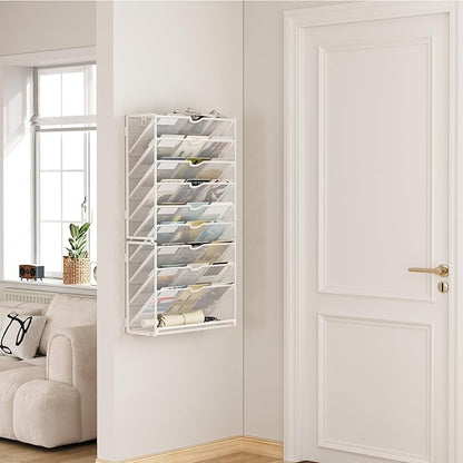 Lavatino 10-Tier Hanging Wall File Folders Organizer - White Metal Mesh Paper Magazine Document Mail Holder File Organizer for Office School Home Wall Mount or Desk Supplies Organization
